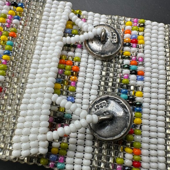 Beaded Bracelet Wide Cuff Multicolor Seed Beads White Silver Tone 925 Clasp 7.5" - Picture 7 of 9